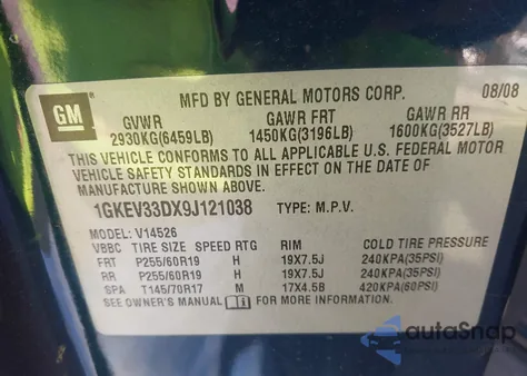 2009 GMC Acadia Slt-2 z USA, uszkodzony, nr VIN 1GKEV33DX9J121038